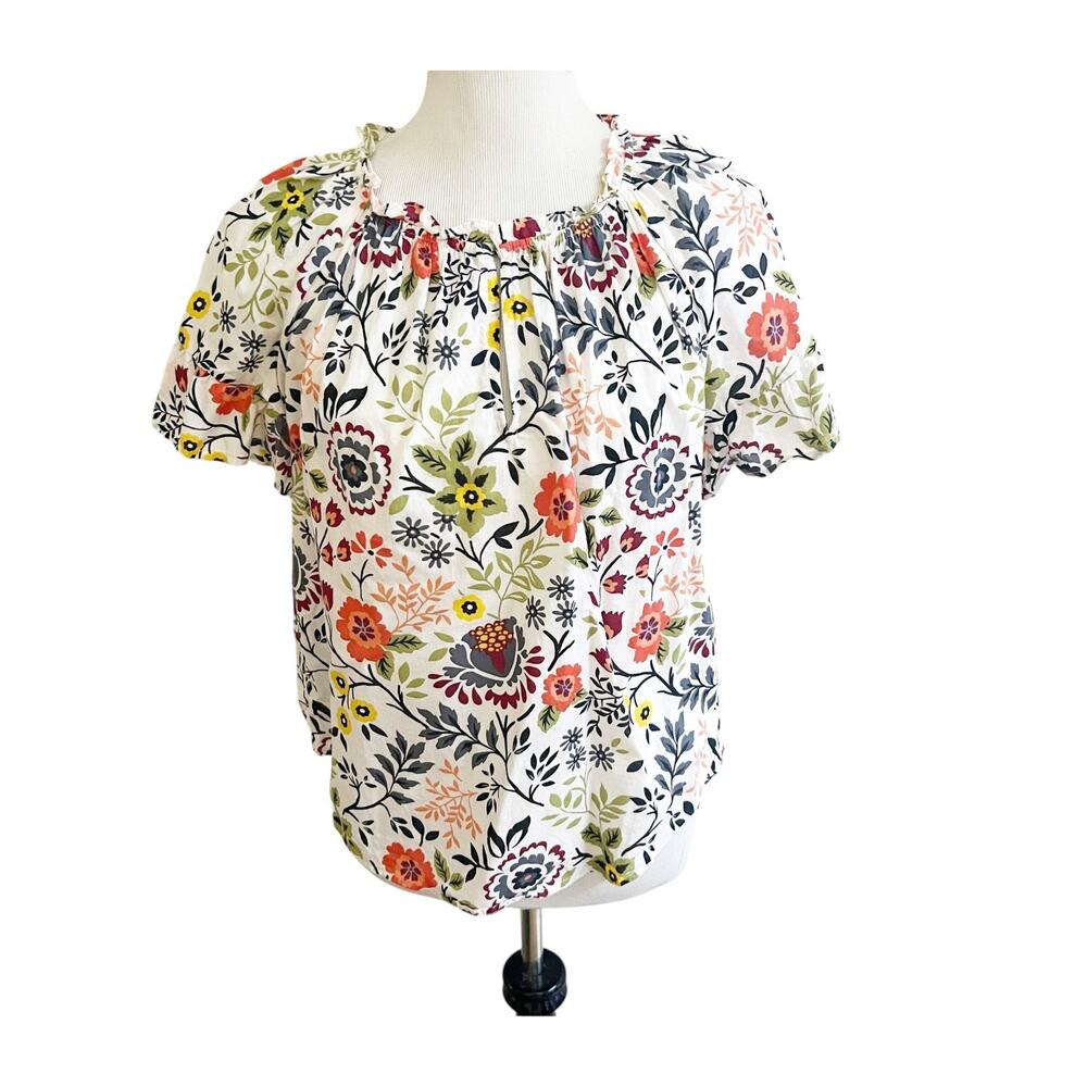 Velvet by Graham & Spencer Lucky Top Womens S White Floral Ruffle Neck Vibrant